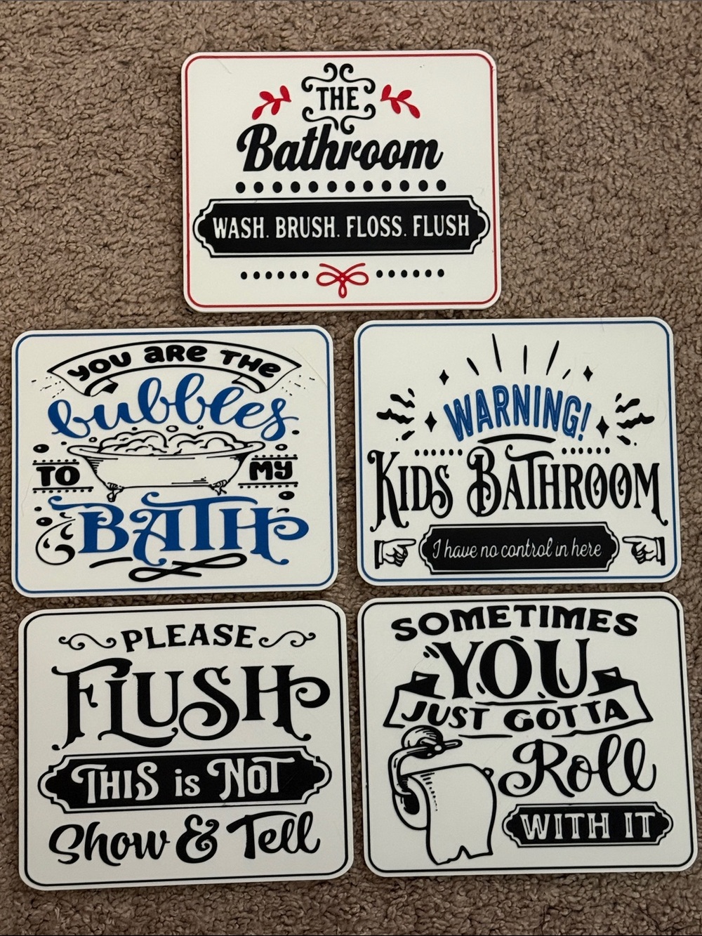 Funny Bathroom Humor- Set of 5 with display stands.